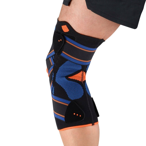 Genouillère ligamentaire tricotée avec bandes strapping, vue de dos