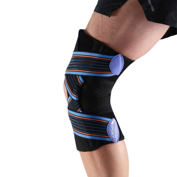 Genouillère ligamentaire de sport neoprene ouverte avec bandes strapping vue de dos