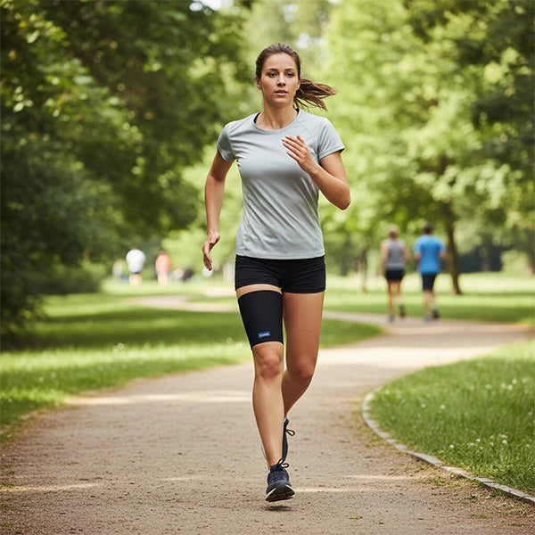 Runneuse portant un cuissard compressif